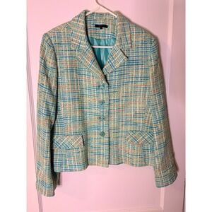 Henry Lee Multicolor Tweed Blazer Jacket Teal Yellow Orange Metallic Size 16